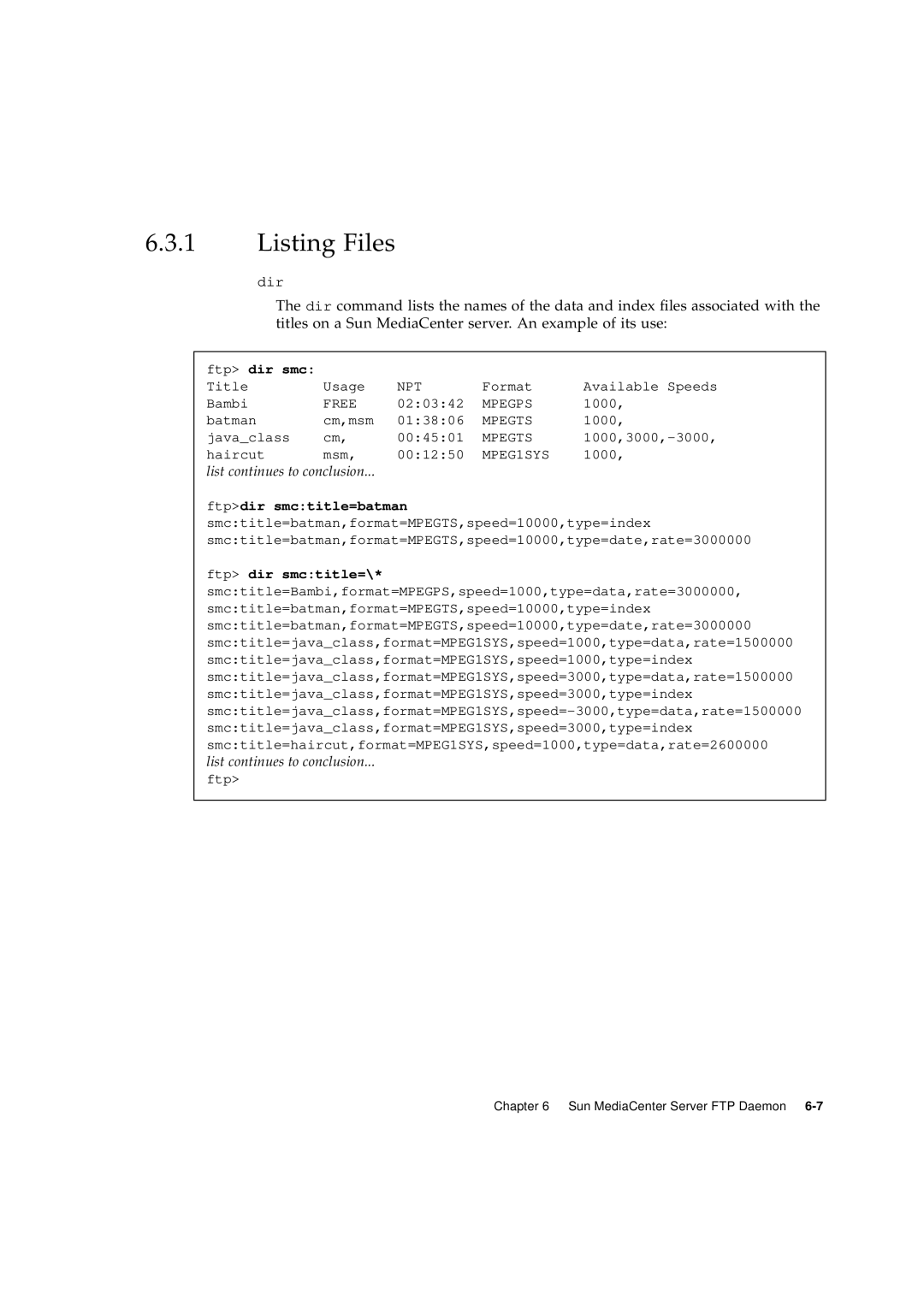 Sun Microsystems 2.1 manual Listing Files, list continues to conclusion 