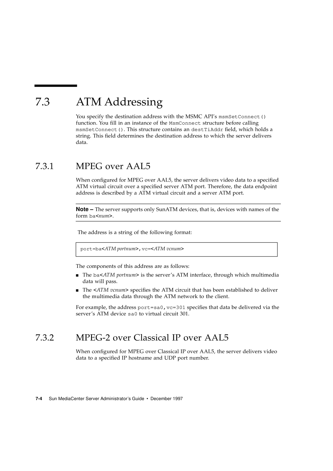 Sun Microsystems 2.1 manual ATM Addressing, MPEG over AAL5, MPEG-2 over Classical IP over AAL5 