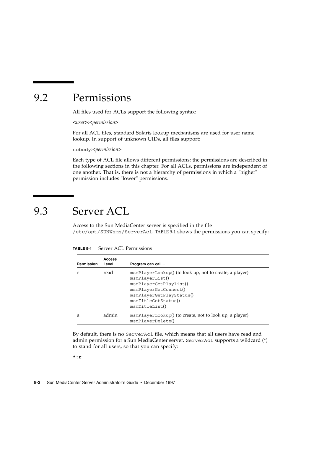 Sun Microsystems 2.1 manual Permissions, Server ACL, userpermission, nobodypermission 