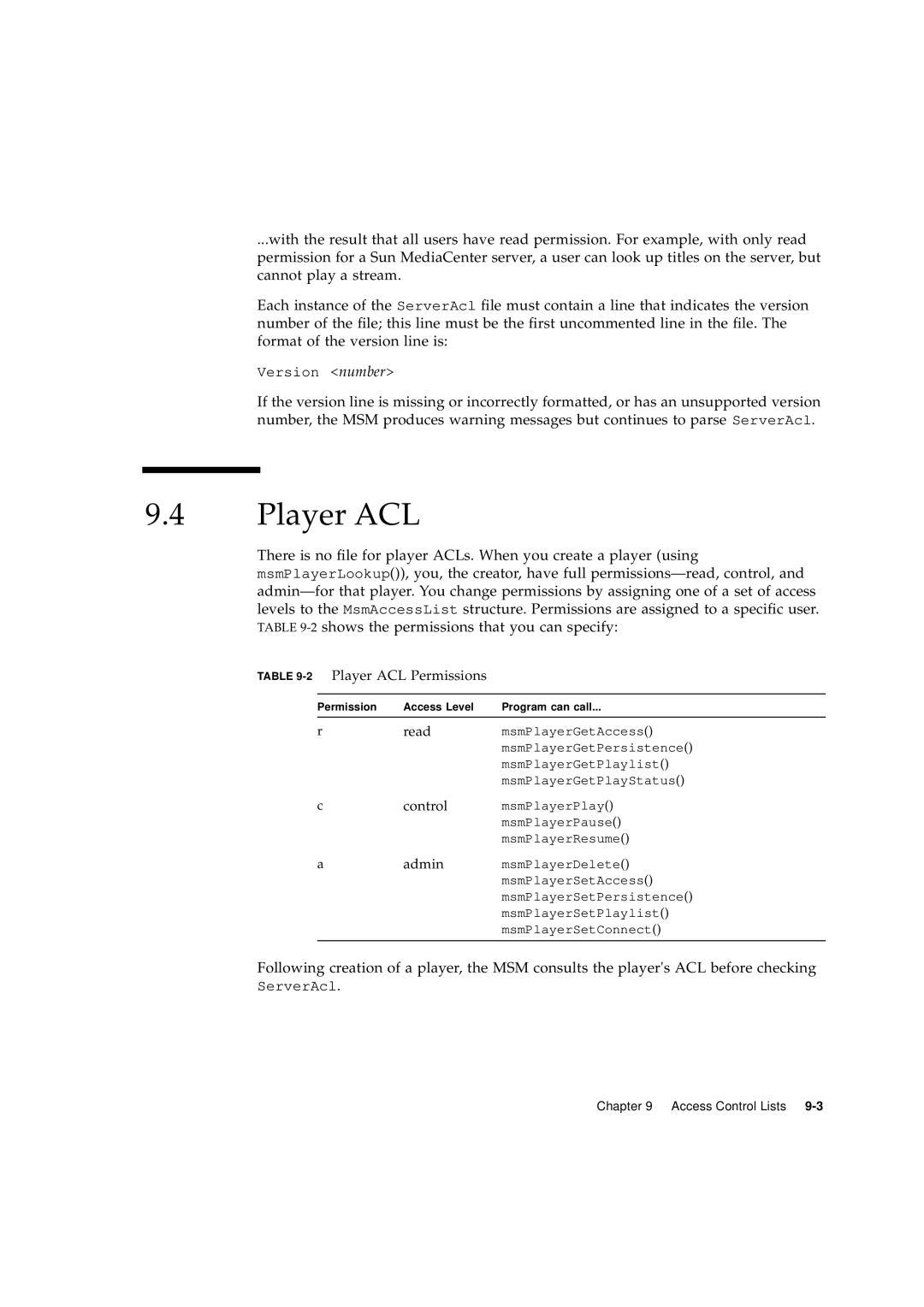 Sun Microsystems 2.1 manual Player ACL 