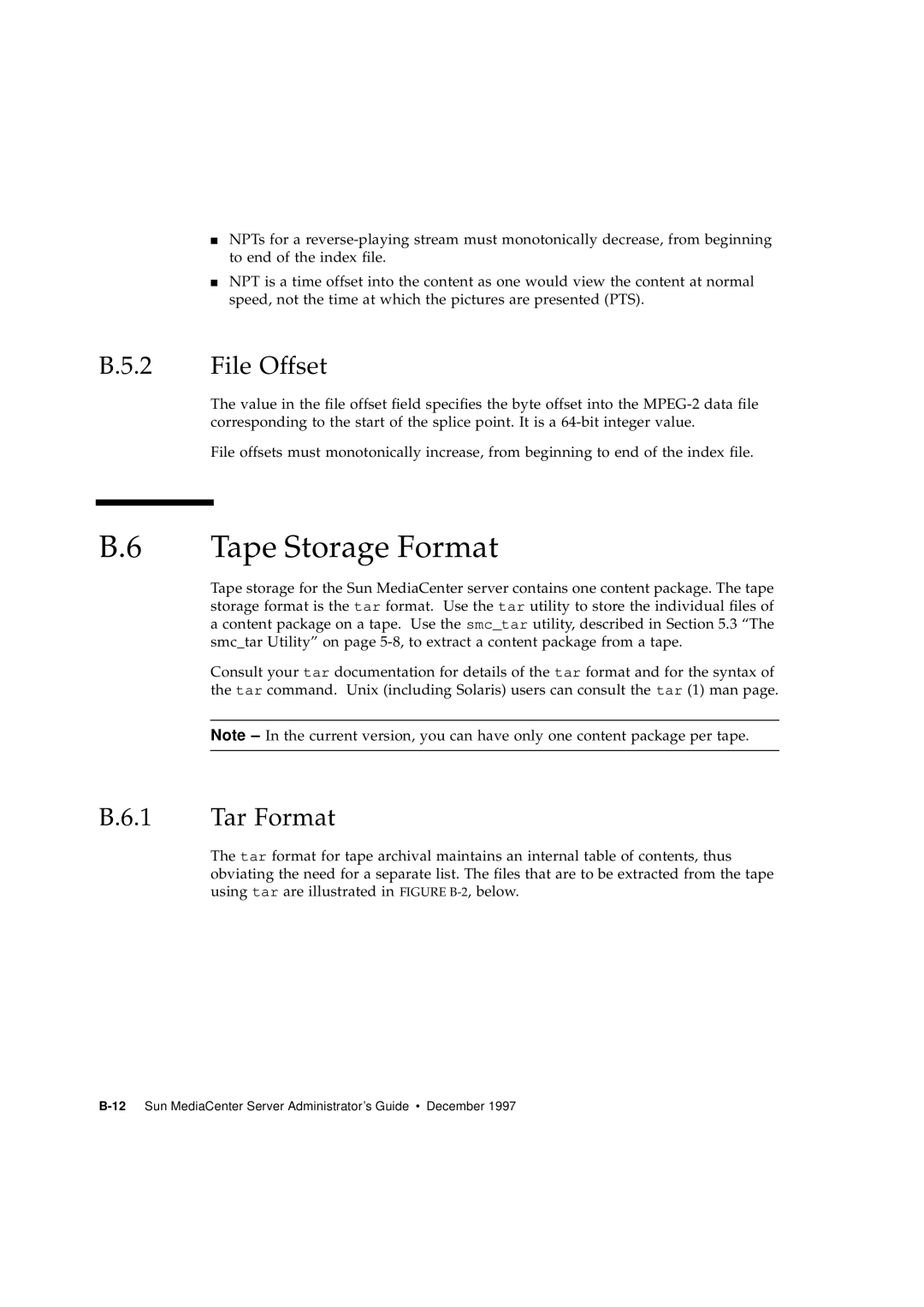 Sun Microsystems 2.1 manual B.6 Tape Storage Format, B.5.2 File Offset, B.6.1 Tar Format 