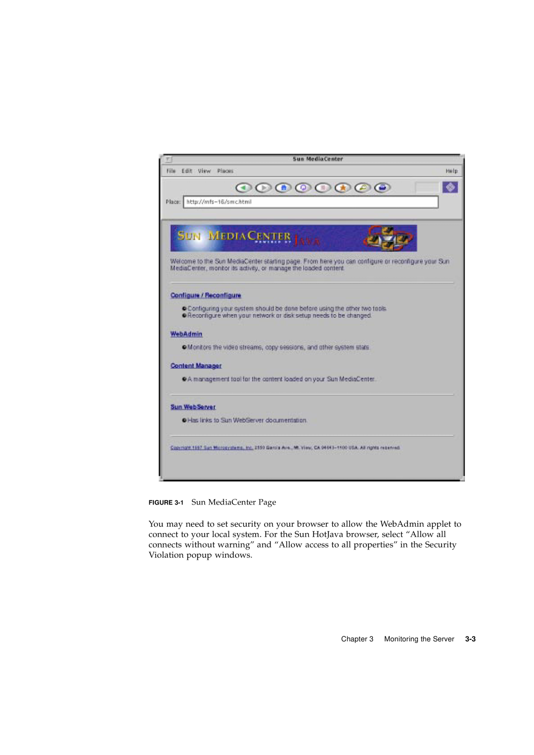 Sun Microsystems 2.1 manual 1 Sun MediaCenter Page, Monitoring the Server 