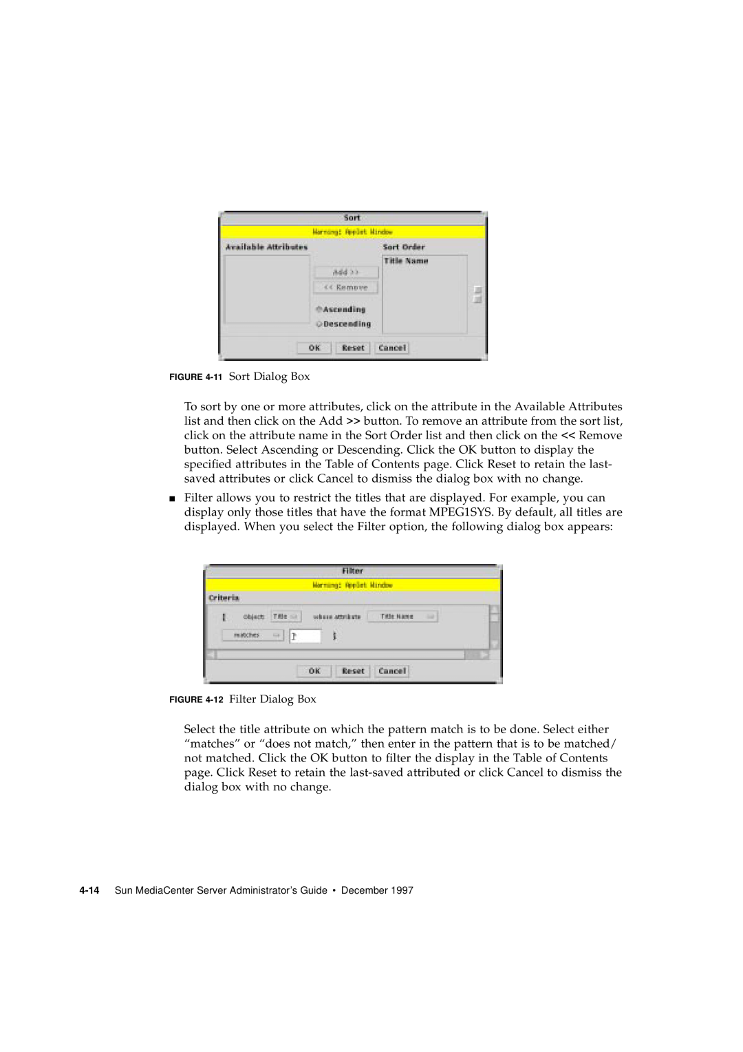 Sun Microsystems 2.1 manual 11 Sort Dialog Box, 12 Filter Dialog Box, Sun MediaCenter Server Administrator’s Guide December 