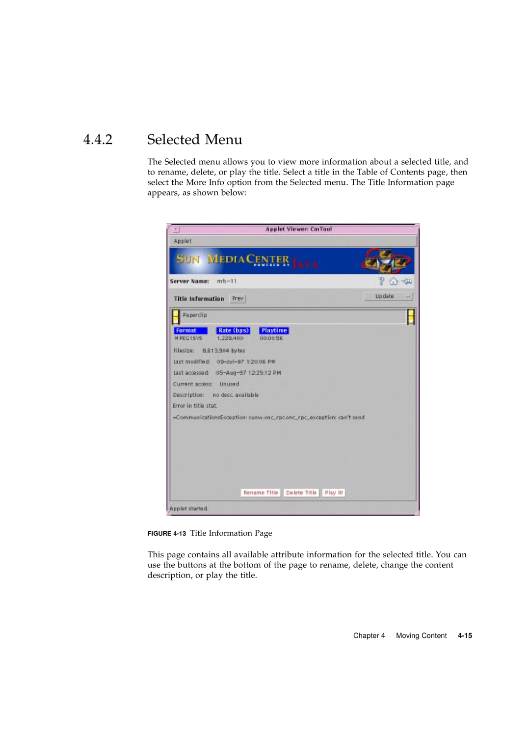 Sun Microsystems 2.1 manual Selected Menu, 13 Title Information Page 