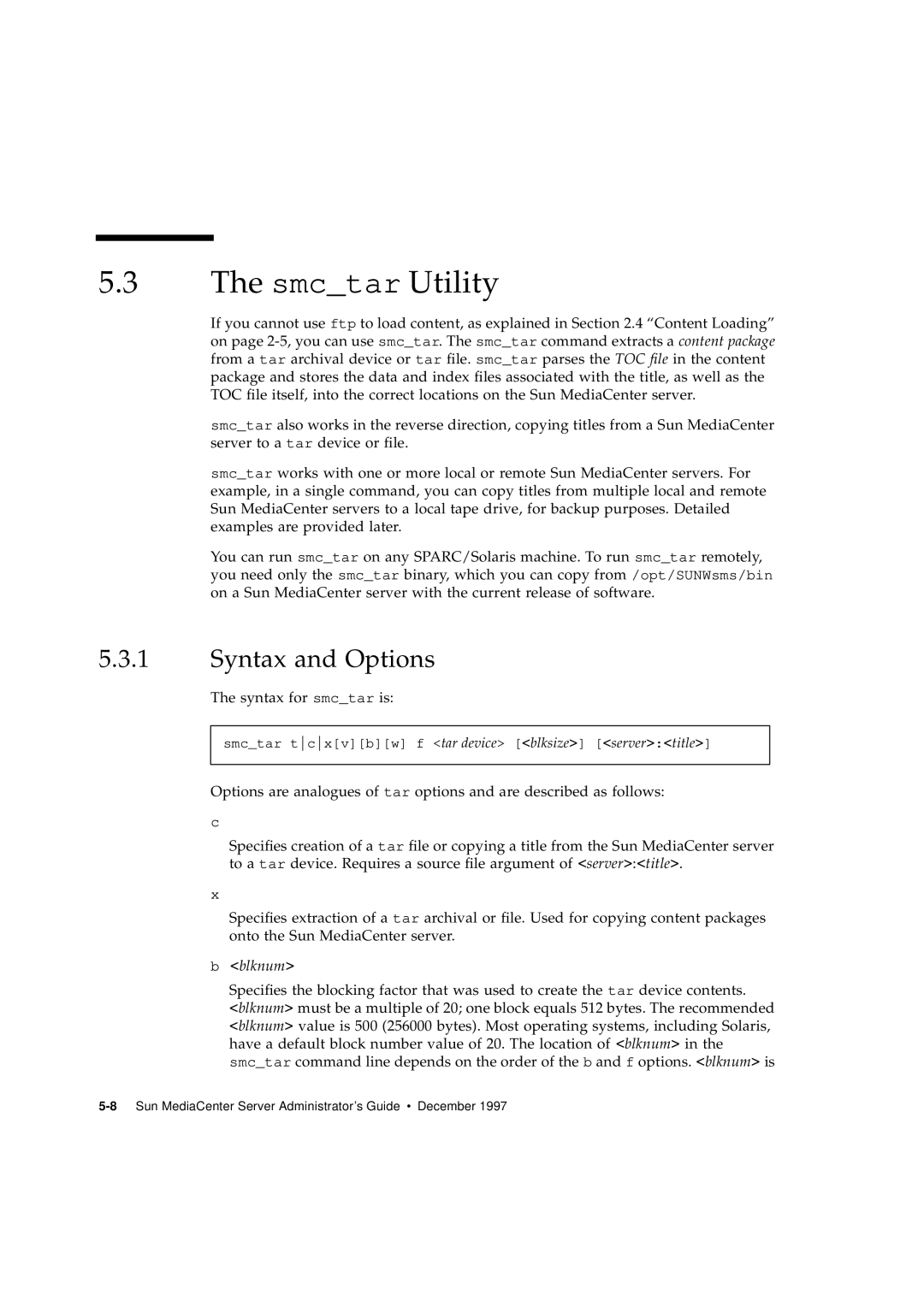 Sun Microsystems 2.1 manual The smctar Utility, Syntax and Options, b blknum 