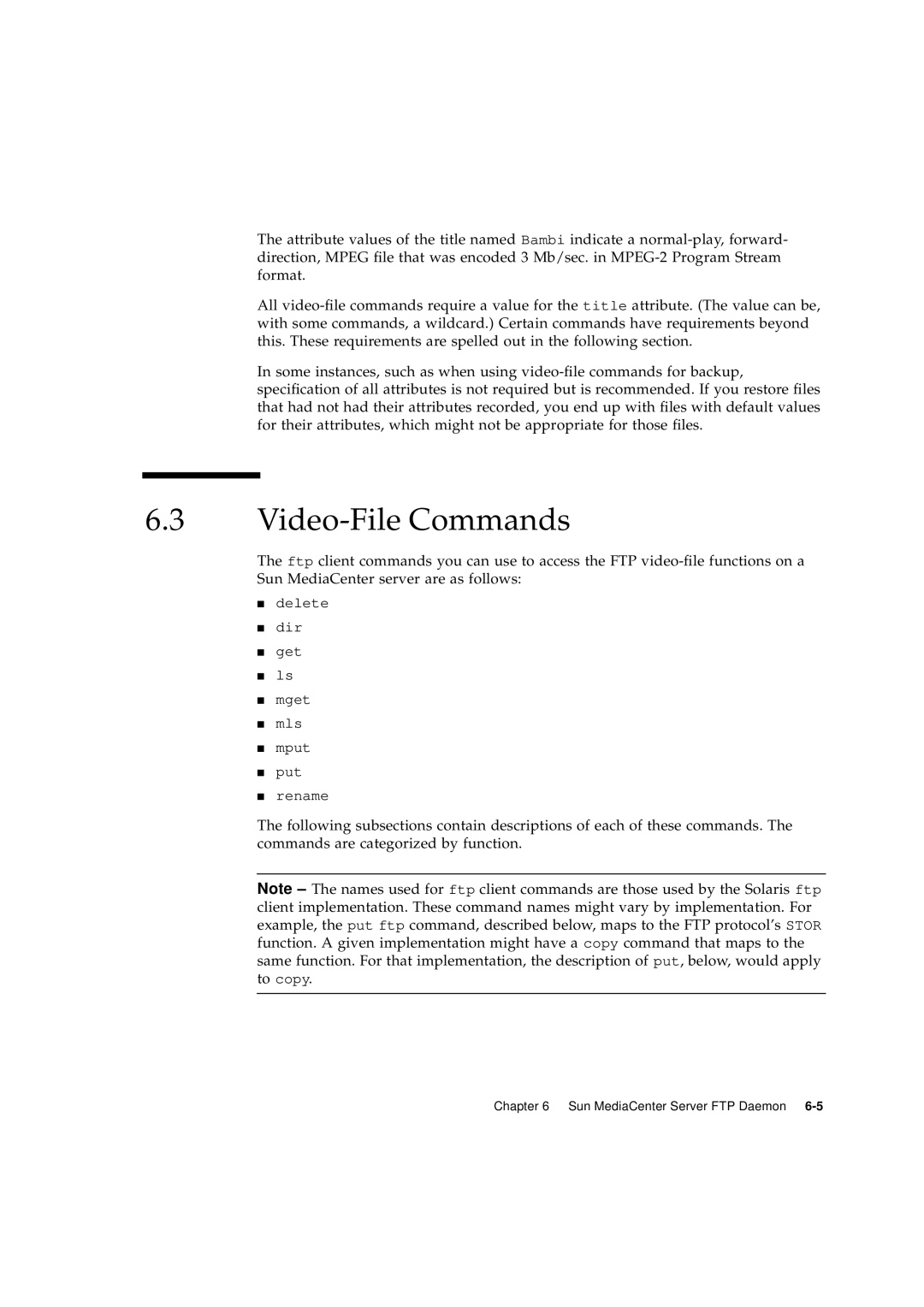 Sun Microsystems 2.1 manual Video-File Commands, delete dir get ls mget mls mput put rename 