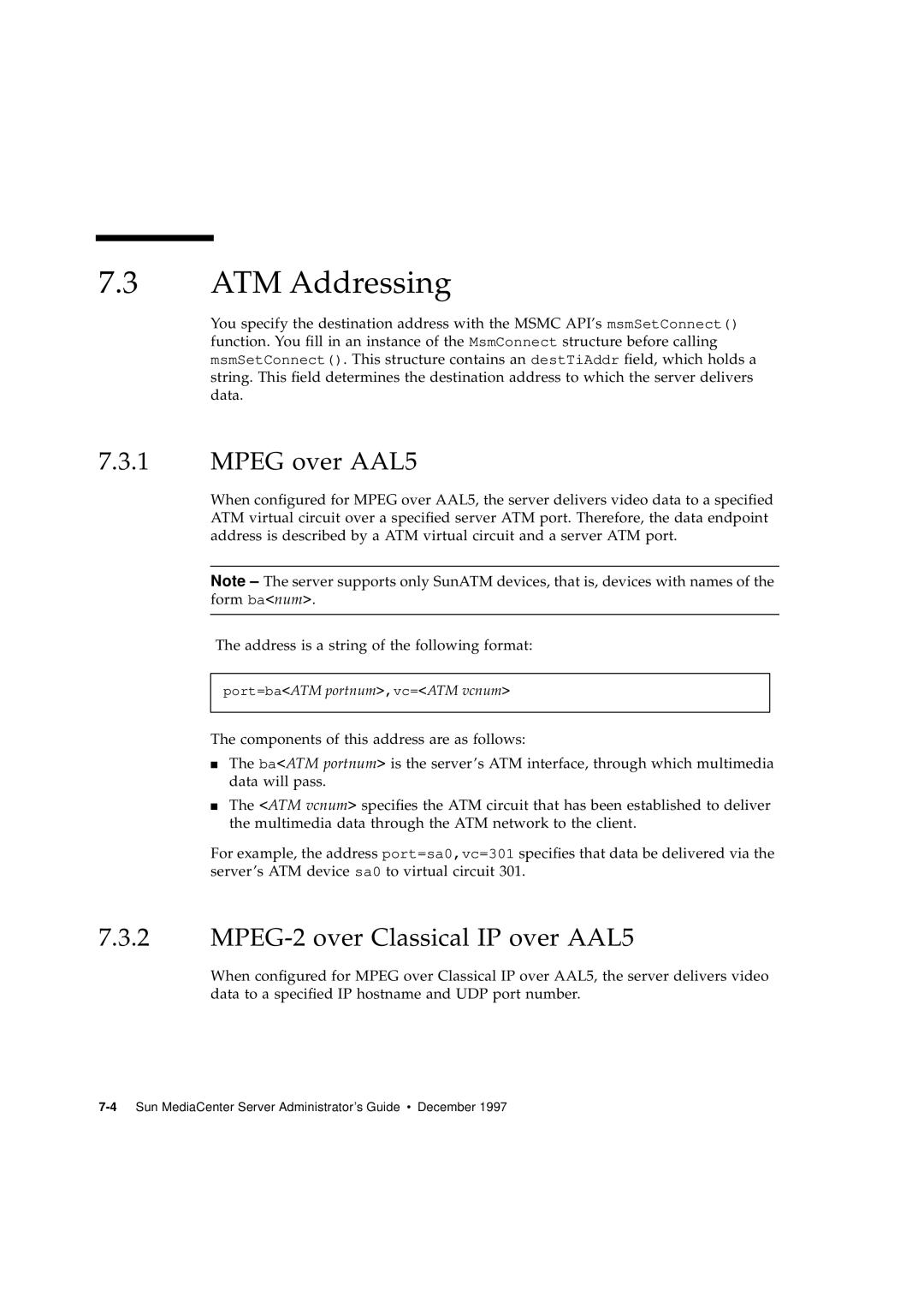 Sun Microsystems 2.1 manual ATM Addressing, Mpeg over AAL5, MPEG-2 over Classical IP over AAL5 