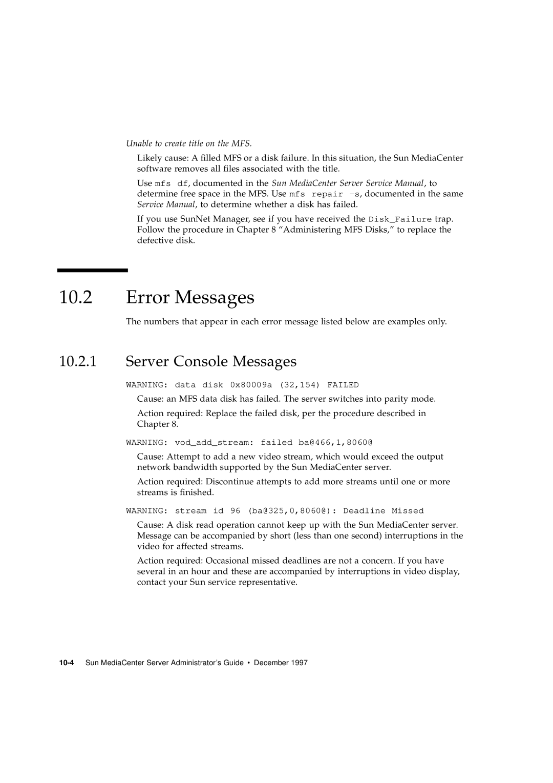 Sun Microsystems 2.1 manual Error Messages, Server Console Messages 