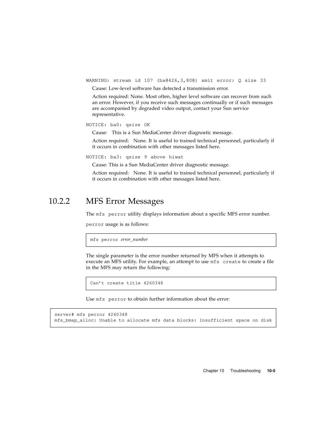 Sun Microsystems 2.1 manual MFS Error Messages 