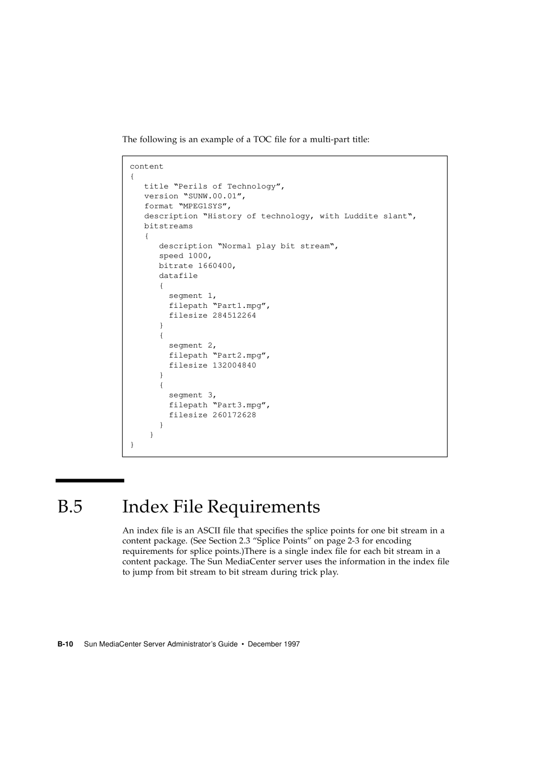 Sun Microsystems 2.1 manual Index File Requirements, Following is an example of a TOC ﬁle for a multi-part title 