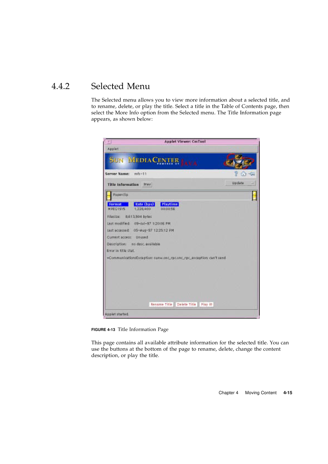 Sun Microsystems 2.1 manual Selected Menu, 13Title Information 