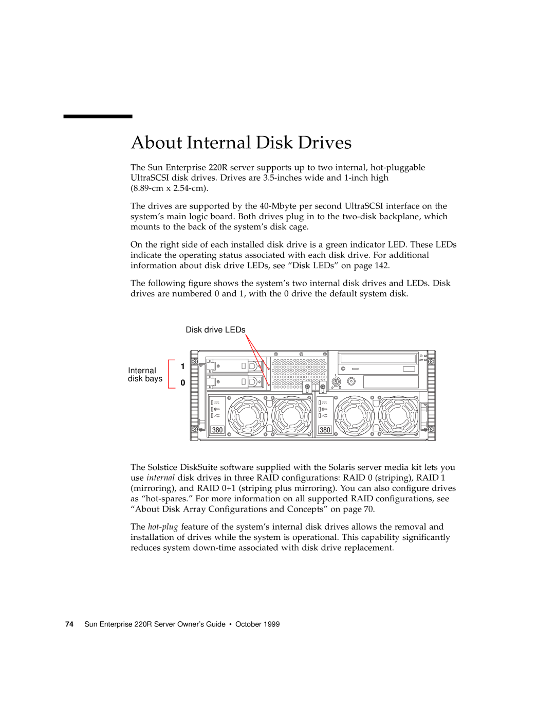 Sun Microsystems 220R manual About Internal Disk Drives, Disk drive LEDs, disk bays 