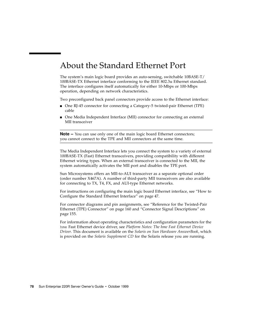 Sun Microsystems manual About the Standard Ethernet Port, Sun Enterprise 220R Server Owner’s Guide October 