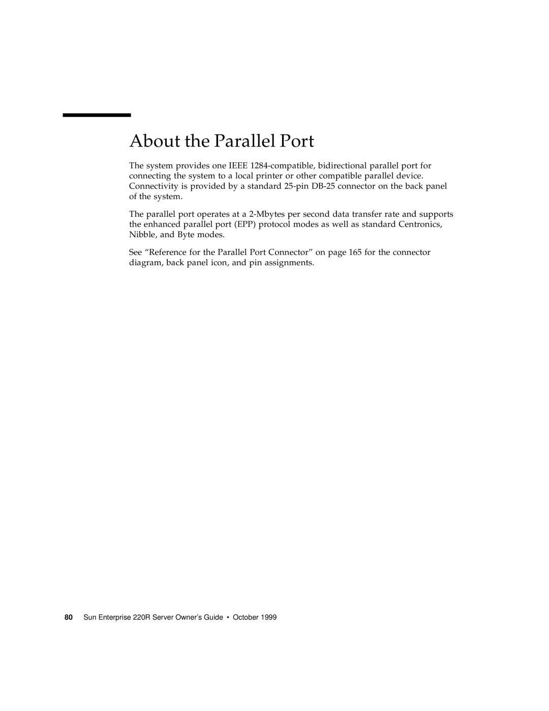Sun Microsystems manual About the Parallel Port, Sun Enterprise 220R Server Owner’s Guide October 