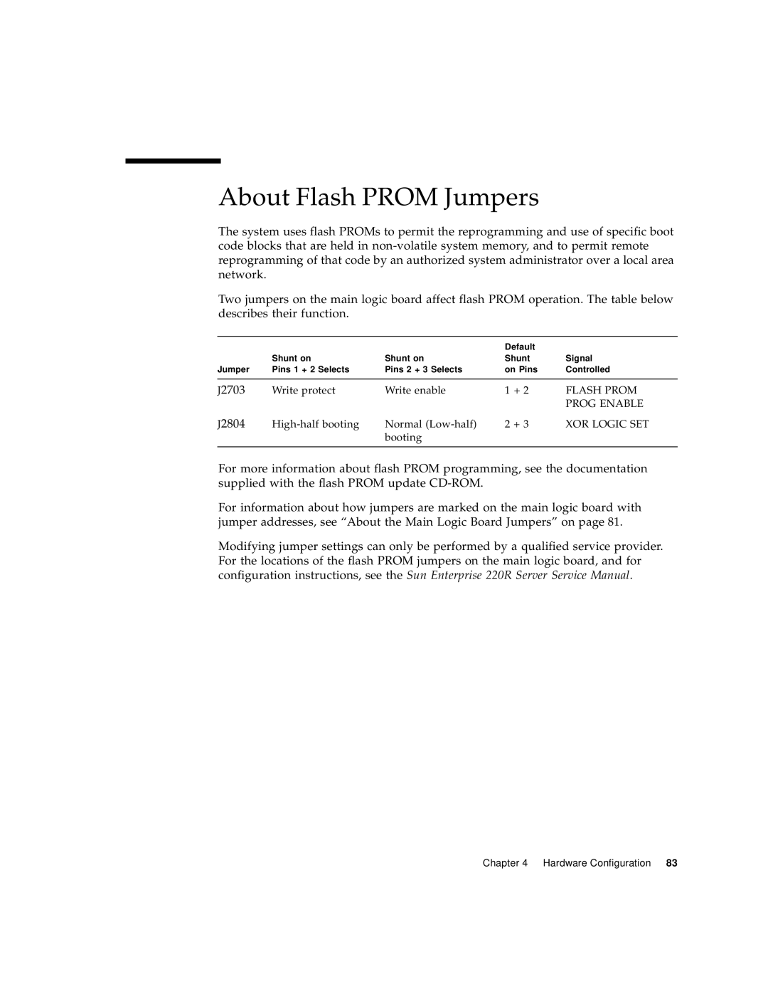 Sun Microsystems 220R manual About Flash PROM Jumpers 