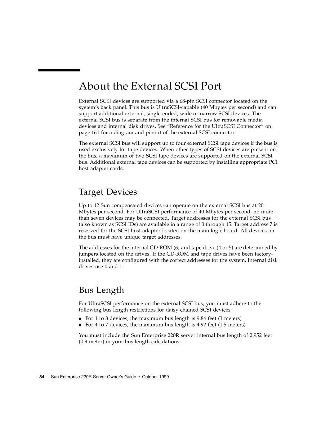 Sun Microsystems 220R manual About the External SCSI Port, Target Devices, Bus Length 