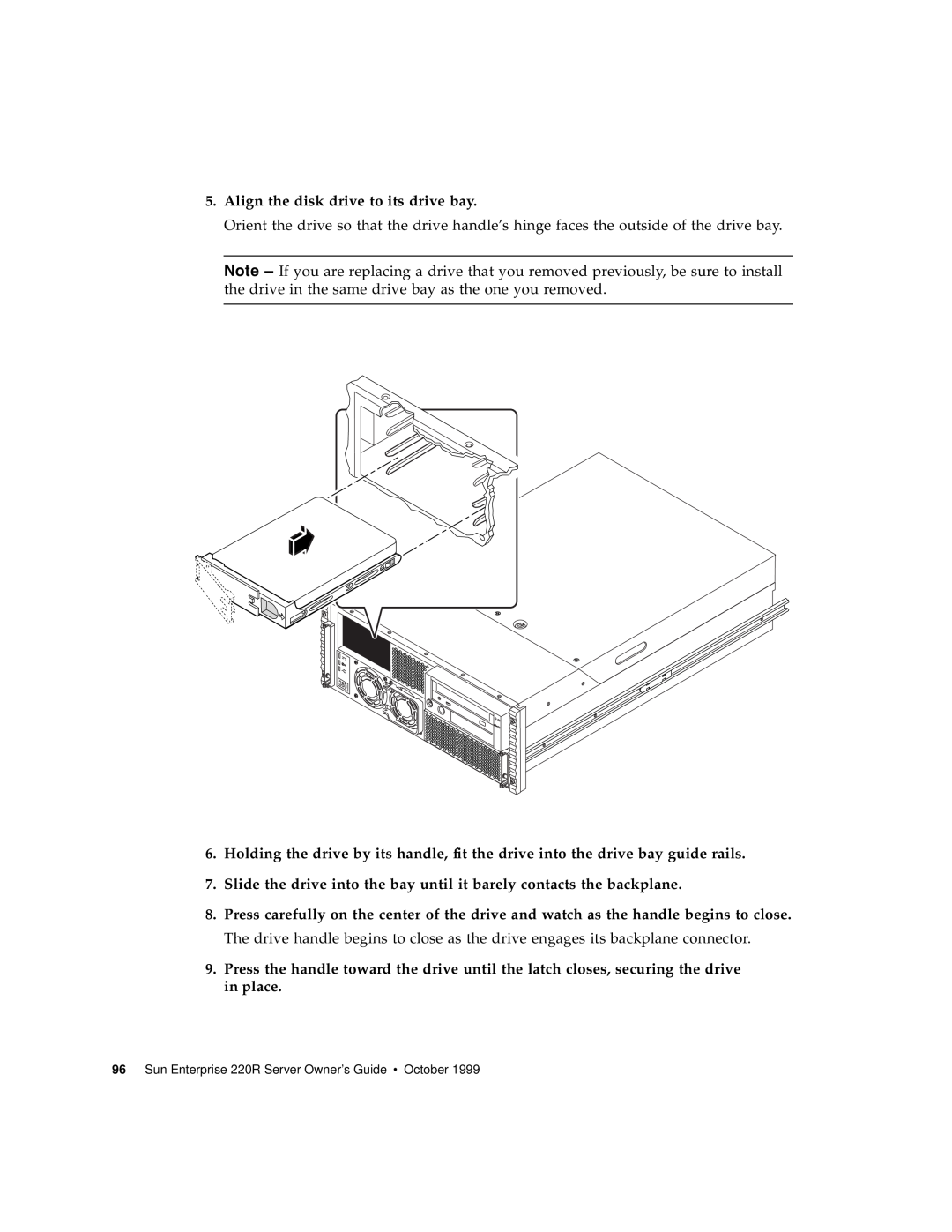 Sun Microsystems 220R manual Align the disk drive to its drive bay 