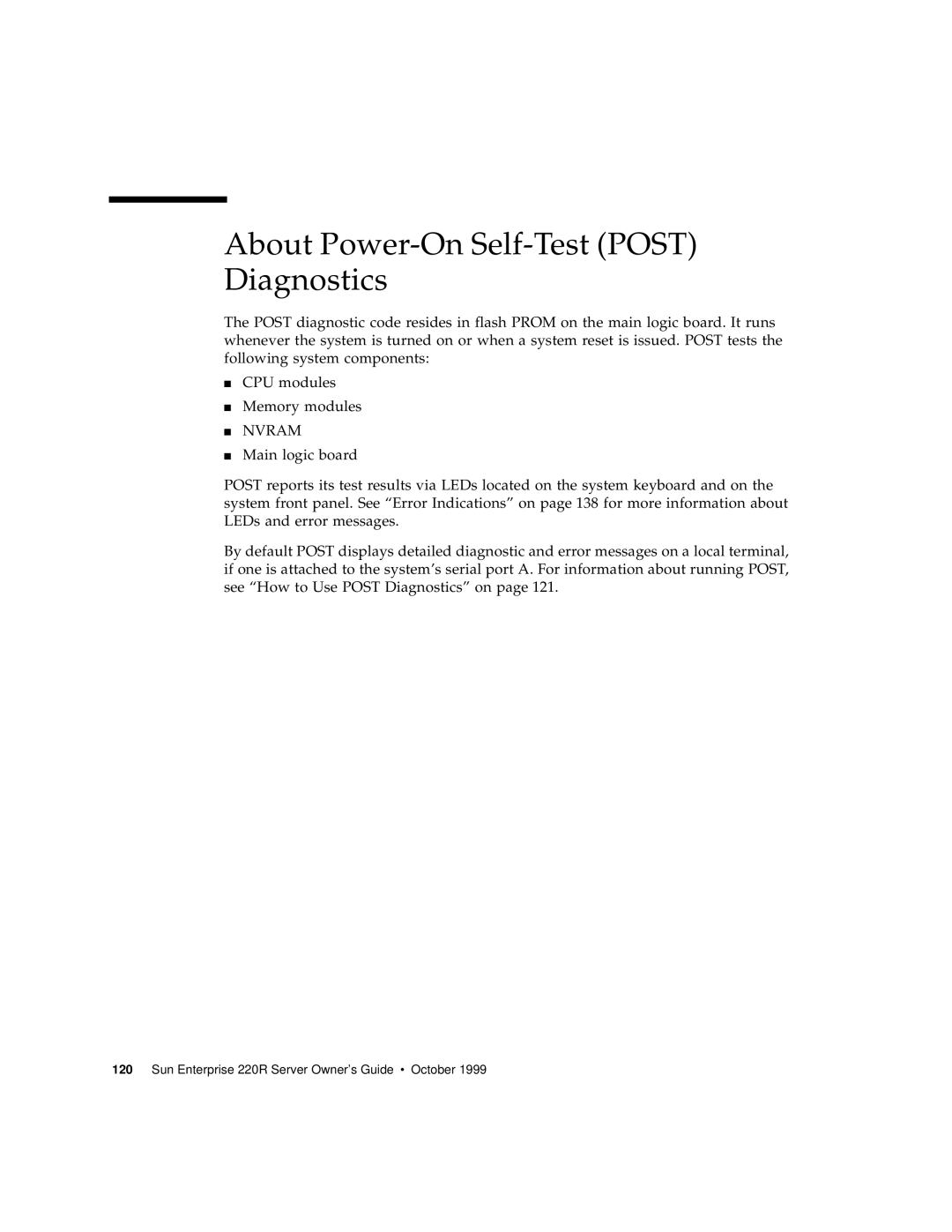Sun Microsystems 220R manual About Power-On Self-Test POST Diagnostics 