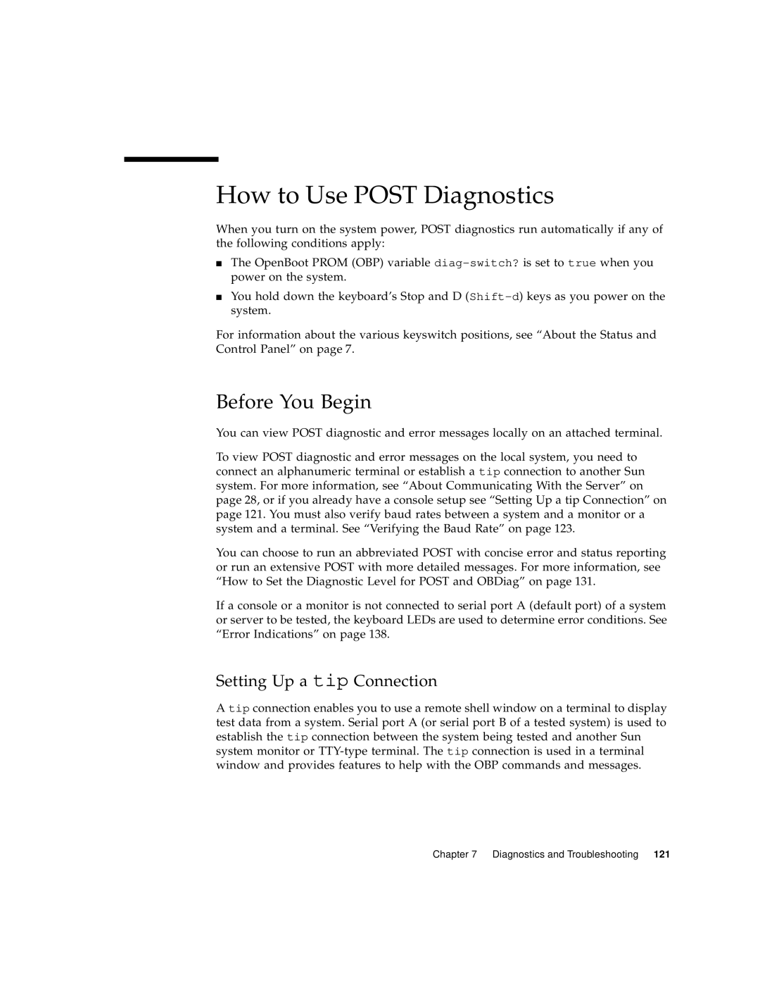 Sun Microsystems 220R manual How to Use POST Diagnostics, Setting Up a tip Connection, Before You Begin 