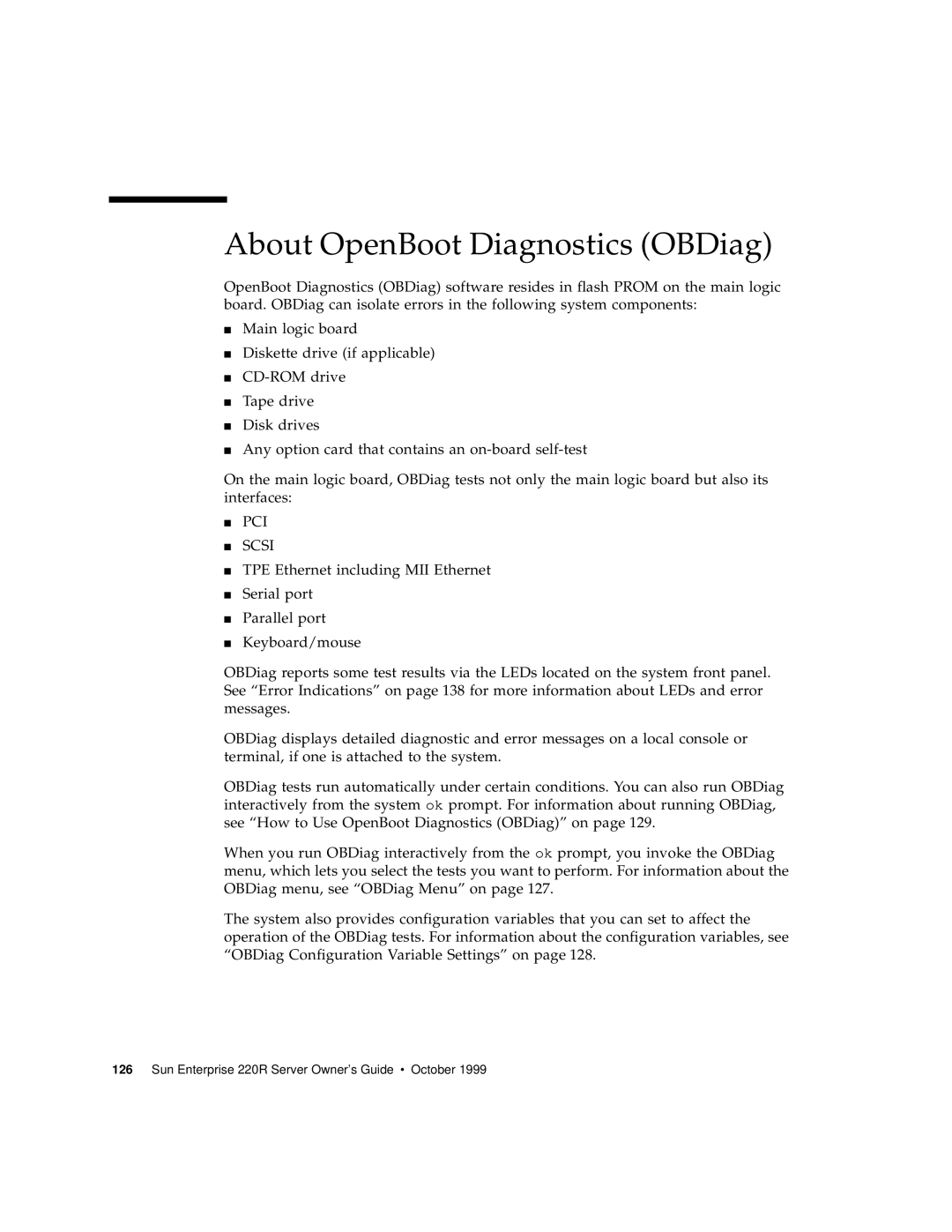 Sun Microsystems 220R manual About OpenBoot Diagnostics OBDiag 