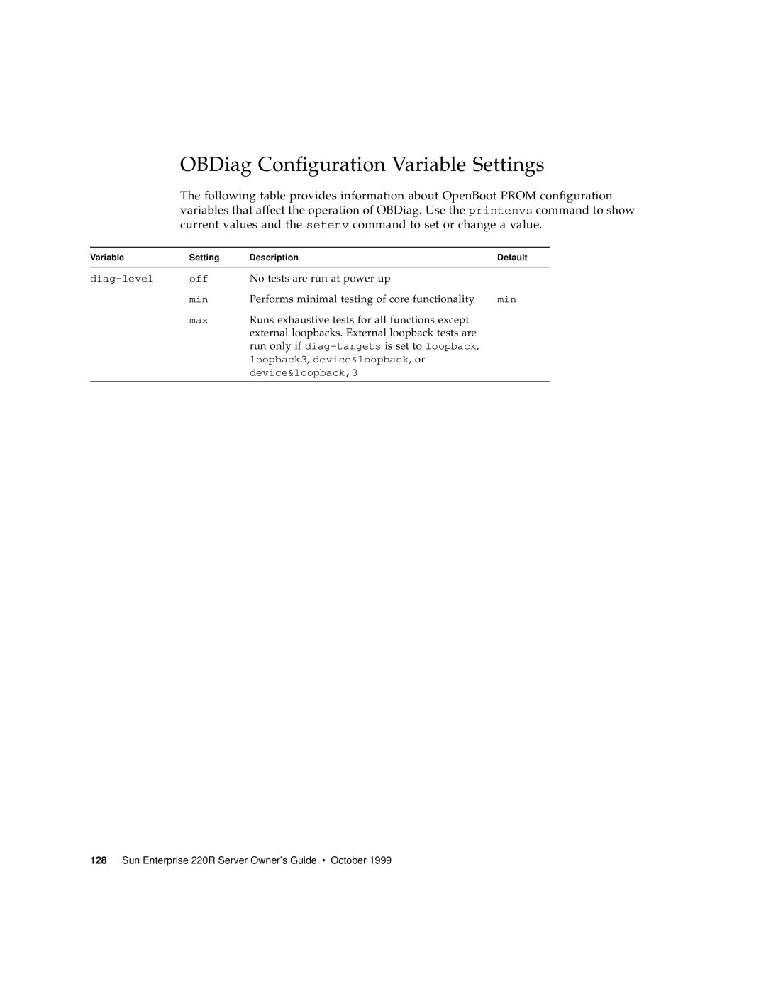 Sun Microsystems 220R manual OBDiag Configuration Variable Settings 