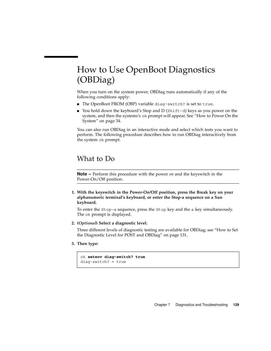Sun Microsystems 220R How to Use OpenBoot Diagnostics OBDiag, Optional Select a diagnostic level, Then type, What to Do 