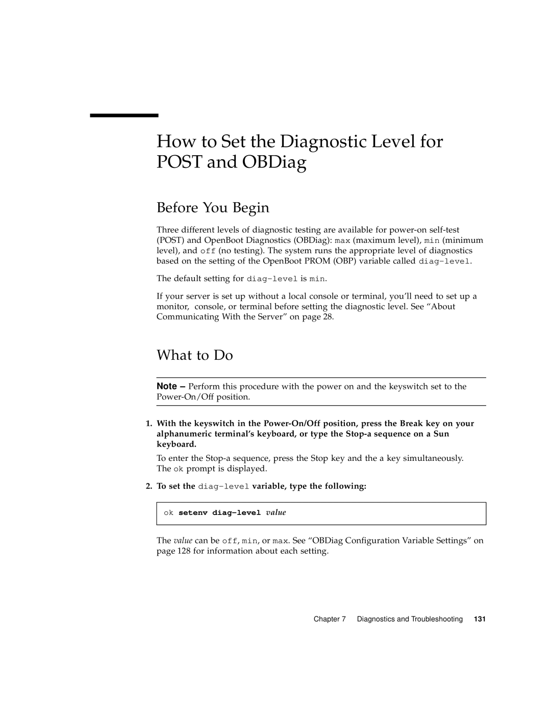 Sun Microsystems 220R manual How to Set the Diagnostic Level for POST and OBDiag, Before You Begin, What to Do 