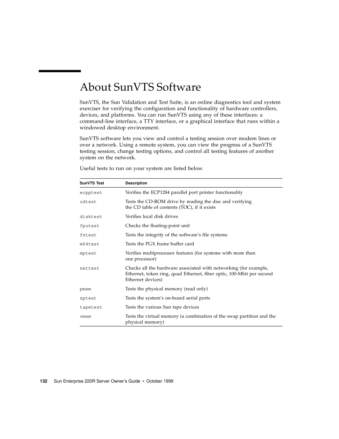 Sun Microsystems 220R manual About SunVTS Software 