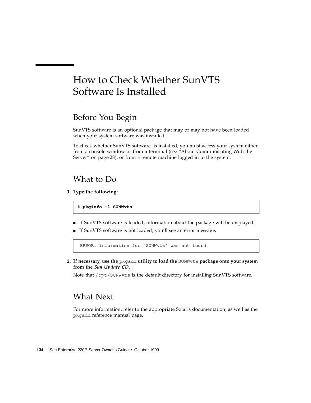 Sun Microsystems 220R How to Check Whether SunVTS Software Is Installed, Type the following, Before You Begin, What to Do 