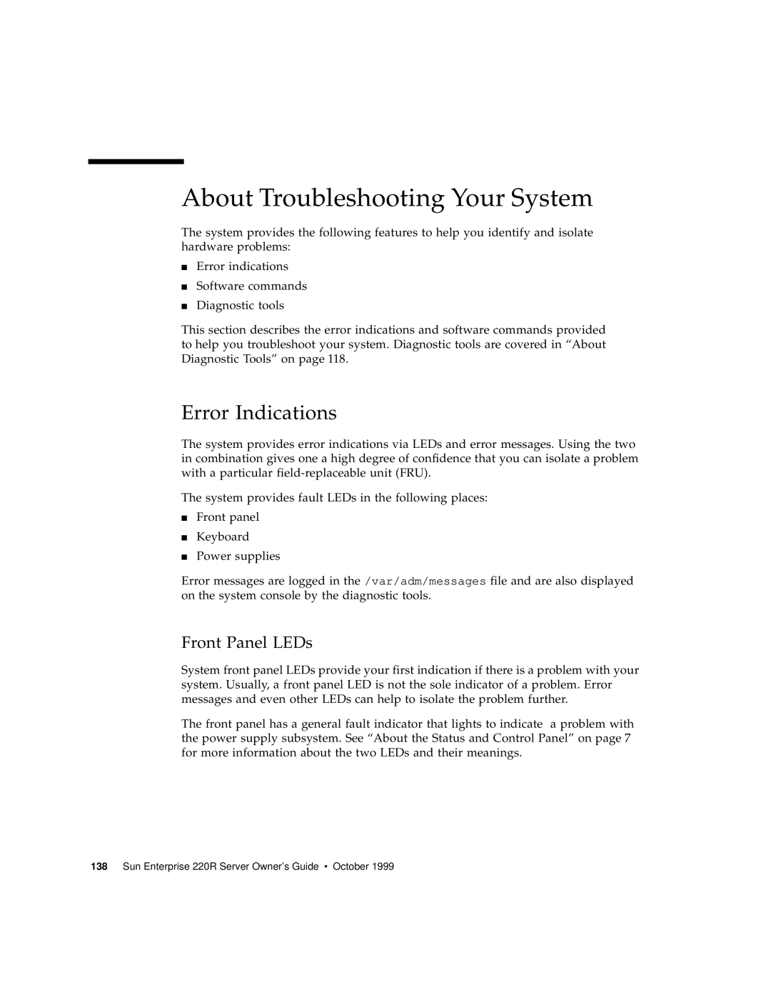 Sun Microsystems 220R manual About Troubleshooting Your System, Error Indications, Front Panel LEDs 