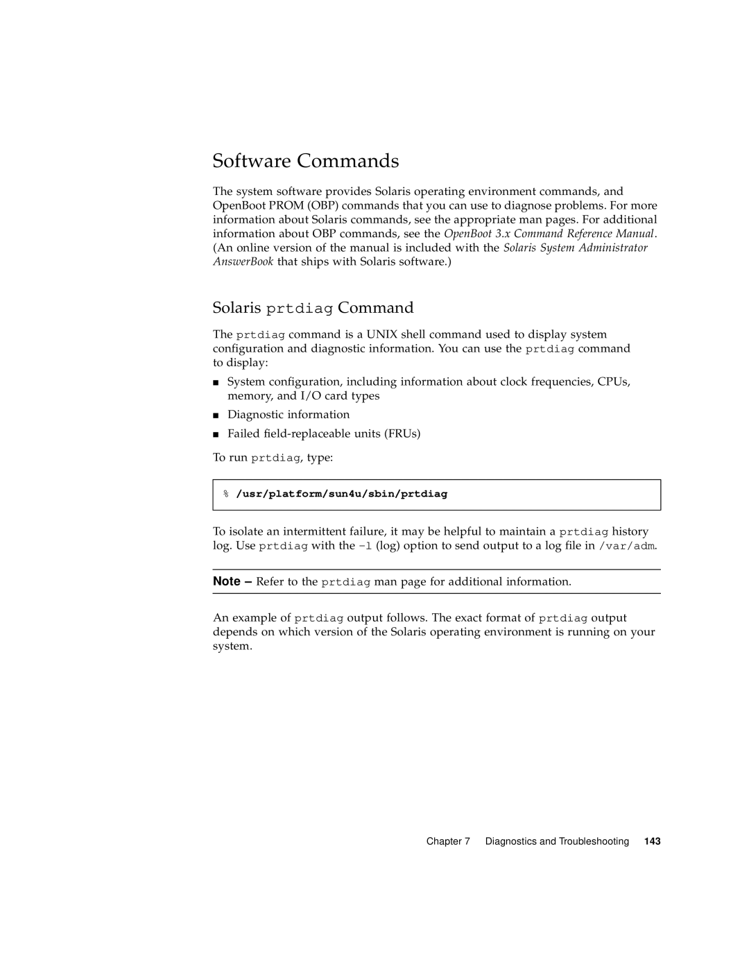 Sun Microsystems 220R manual Software Commands, Solaris prtdiag Command 