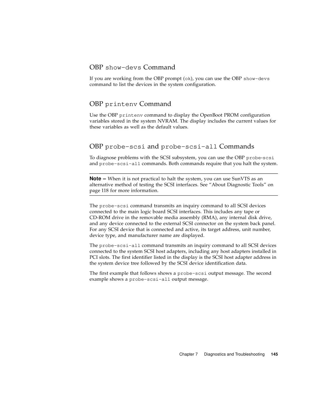 Sun Microsystems 220R manual OBP show-devs Command, OBP printenv Command, OBP probe-scsi and probe-scsi-all Commands 
