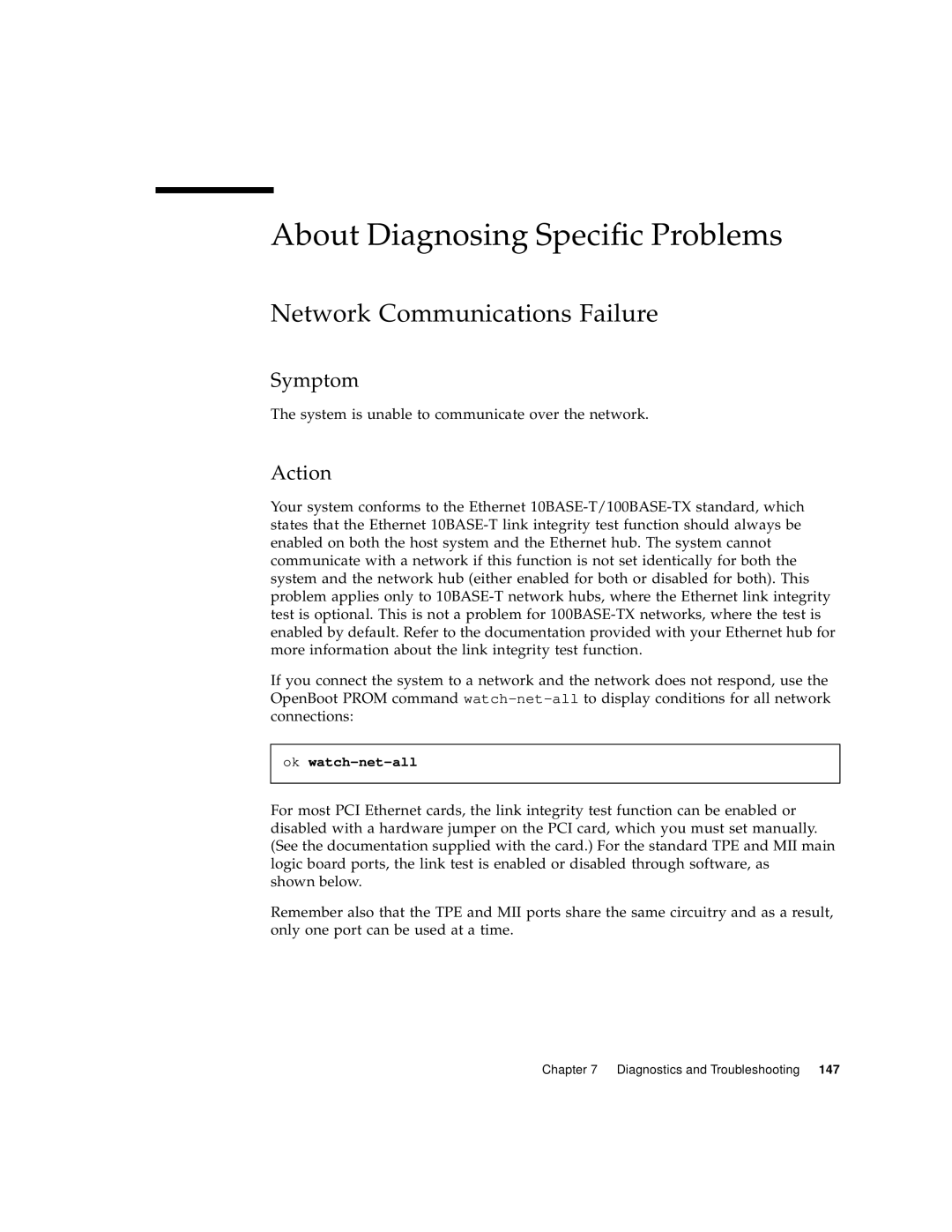 Sun Microsystems 220R manual About Diagnosing Specific Problems, Network Communications Failure, Symptom, Action 