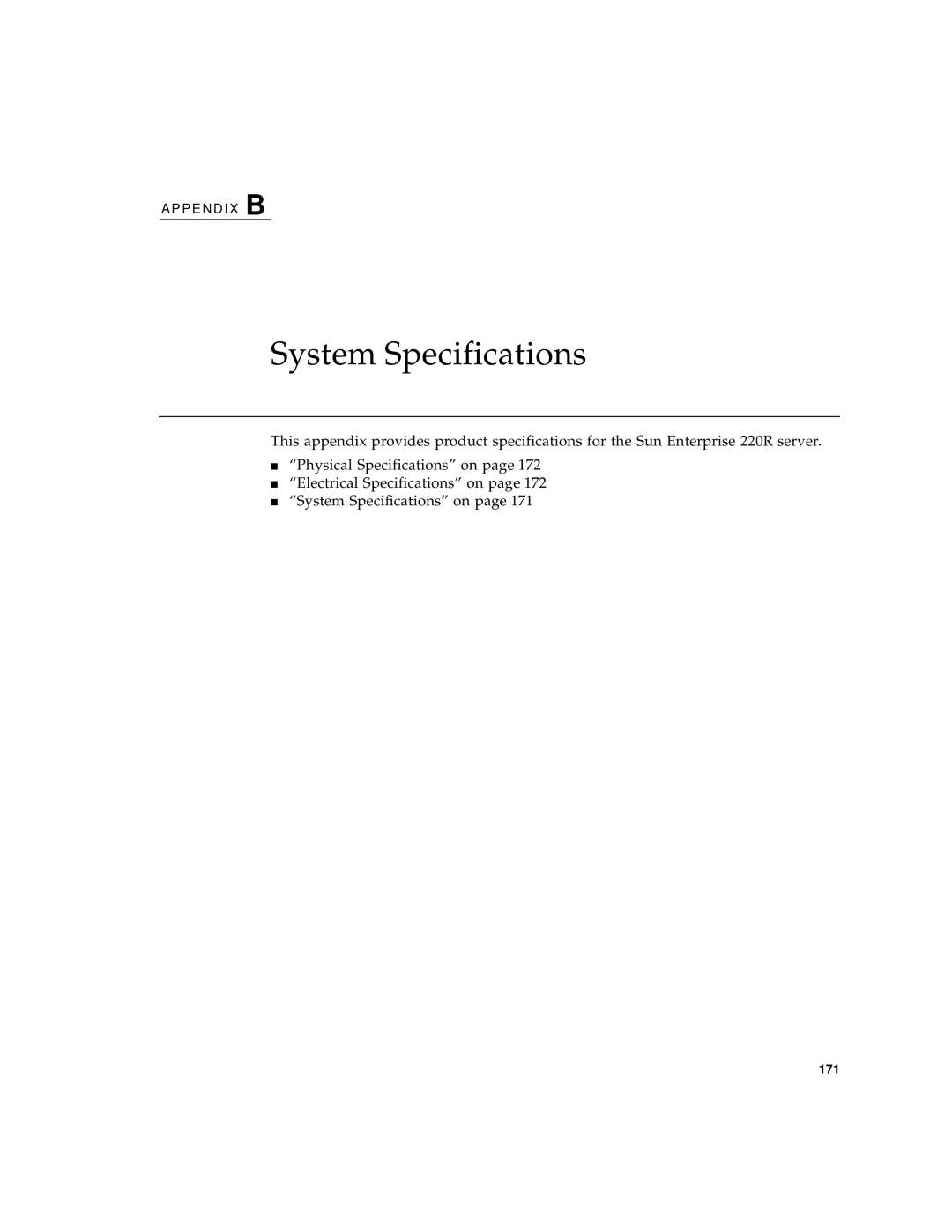 Sun Microsystems 220R manual System Specifications, “Physical Specifications” on page “Electrical Specifications” on page 