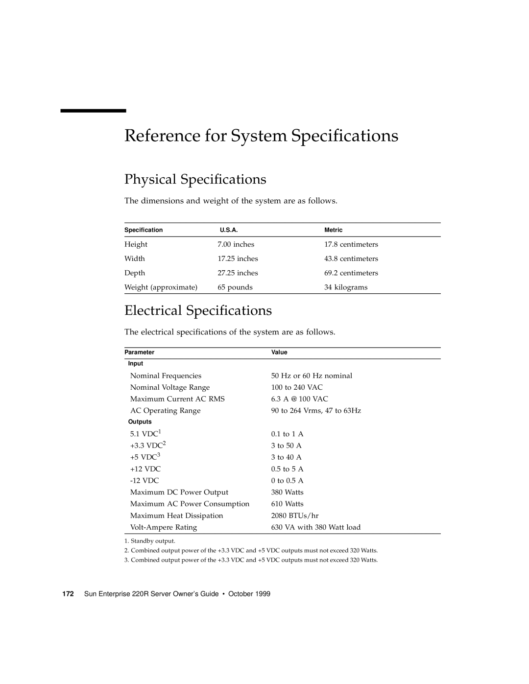 Sun Microsystems 220R manual Reference for System Specifications, Physical Specifications, Electrical Specifications 
