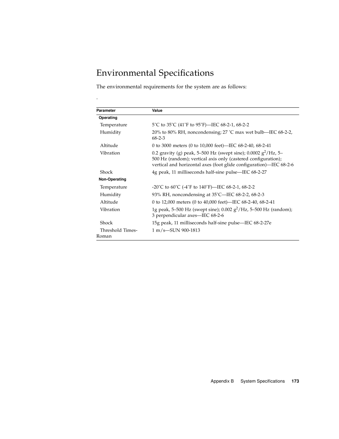 Sun Microsystems 220R manual Environmental Specifications, The environmental requirements for the system are as follows 