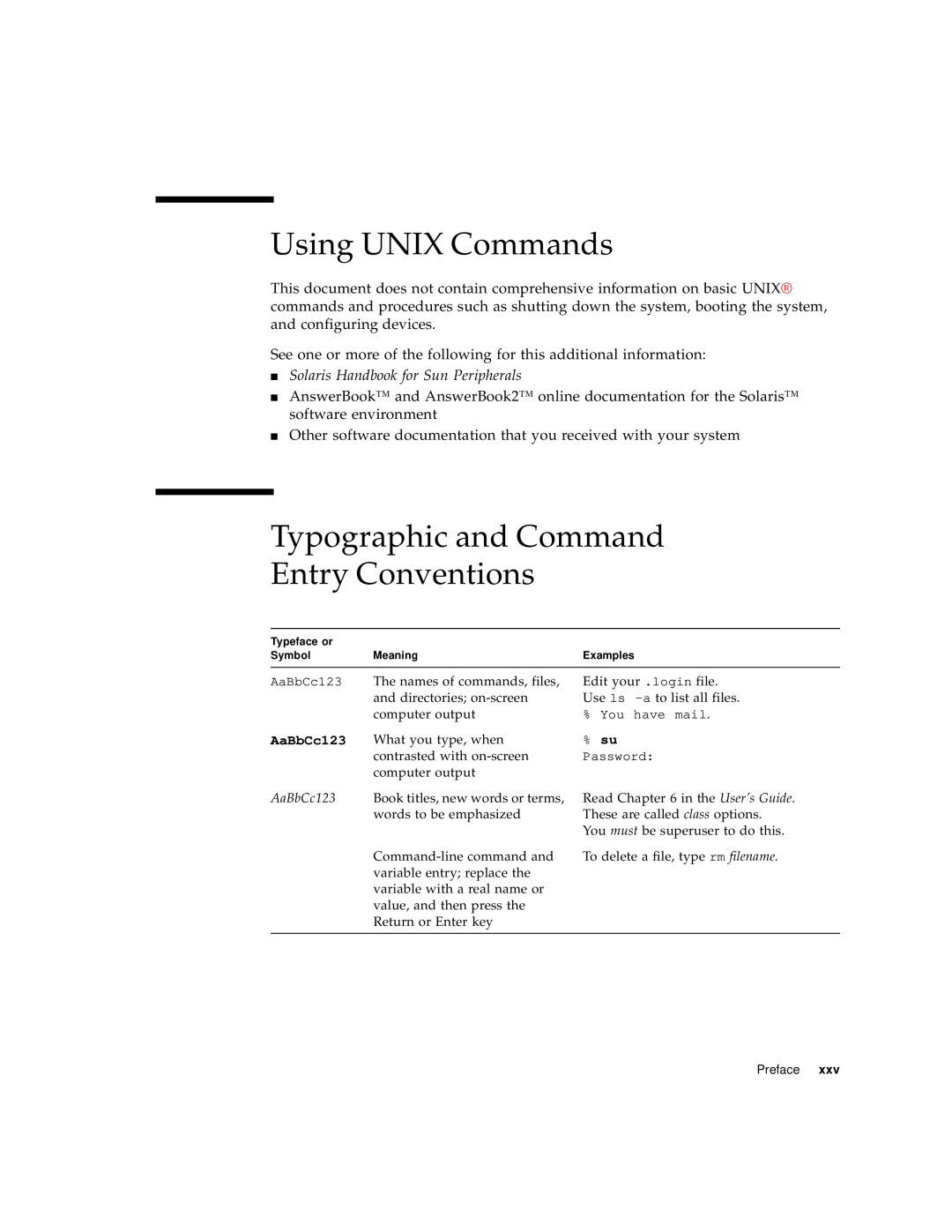 Sun Microsystems 220R Using UNIX Commands, Typographic and Command Entry Conventions, Solaris Handbook for Sun Peripherals 
