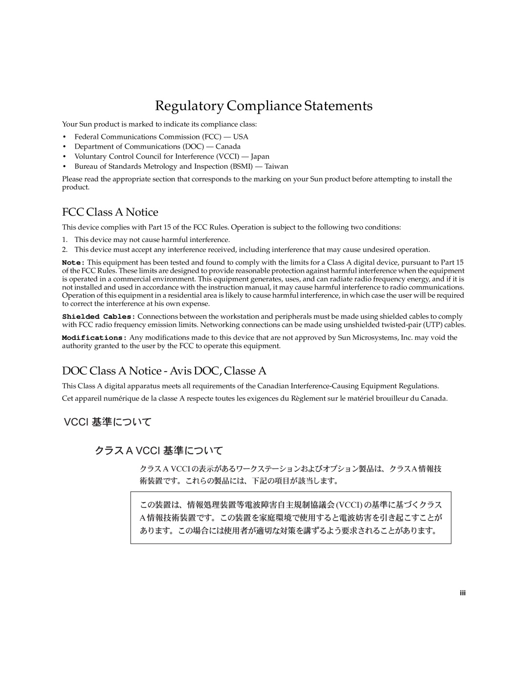 Sun Microsystems 220R manual Regulatory Compliance Statements, FCC Class A Notice, DOC Class A Notice - Avis DOC, Classe A 