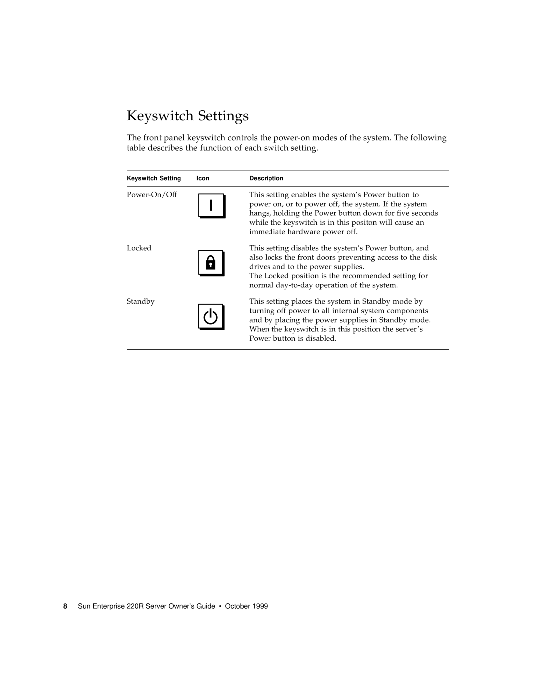 Sun Microsystems 220R manual Keyswitch Settings 