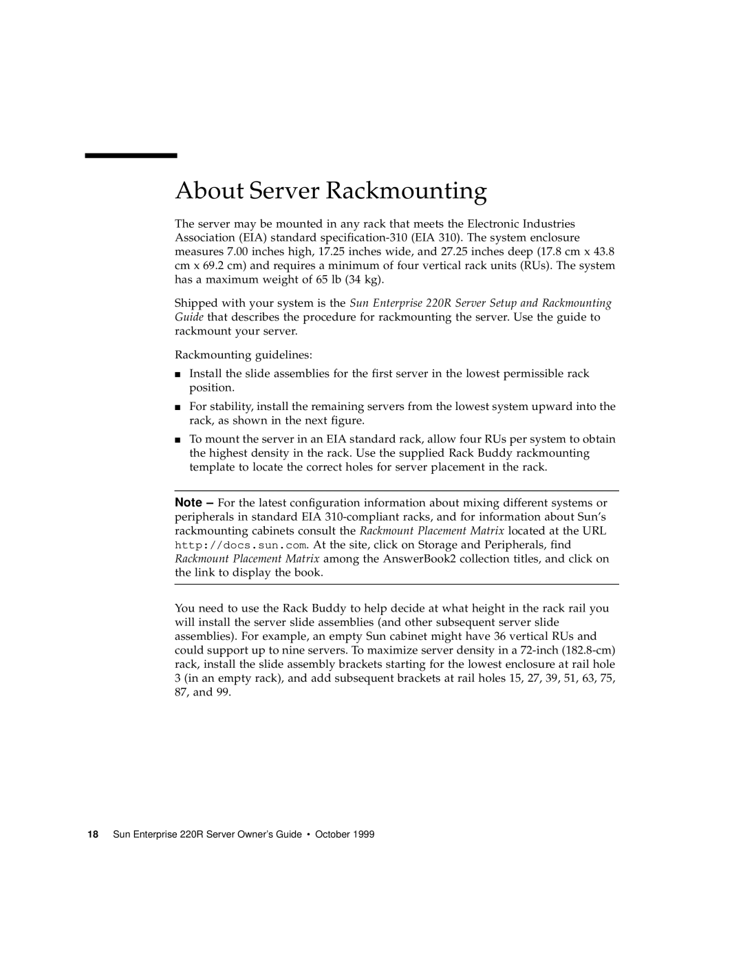 Sun Microsystems 220R manual About Server Rackmounting 