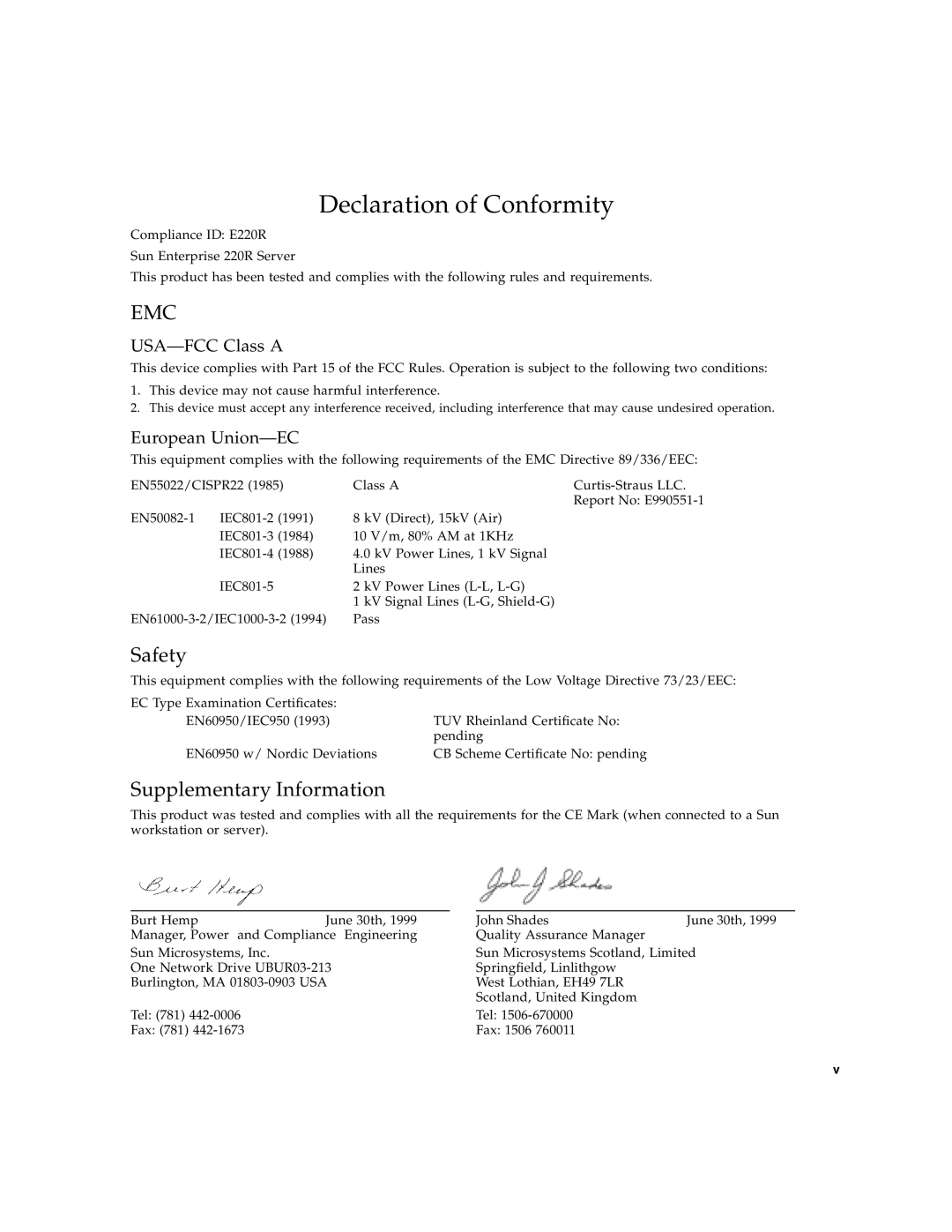 Sun Microsystems 220R Declaration of Conformity, Safety, Supplementary Information, USA-FCC Class A, European Union-EC 