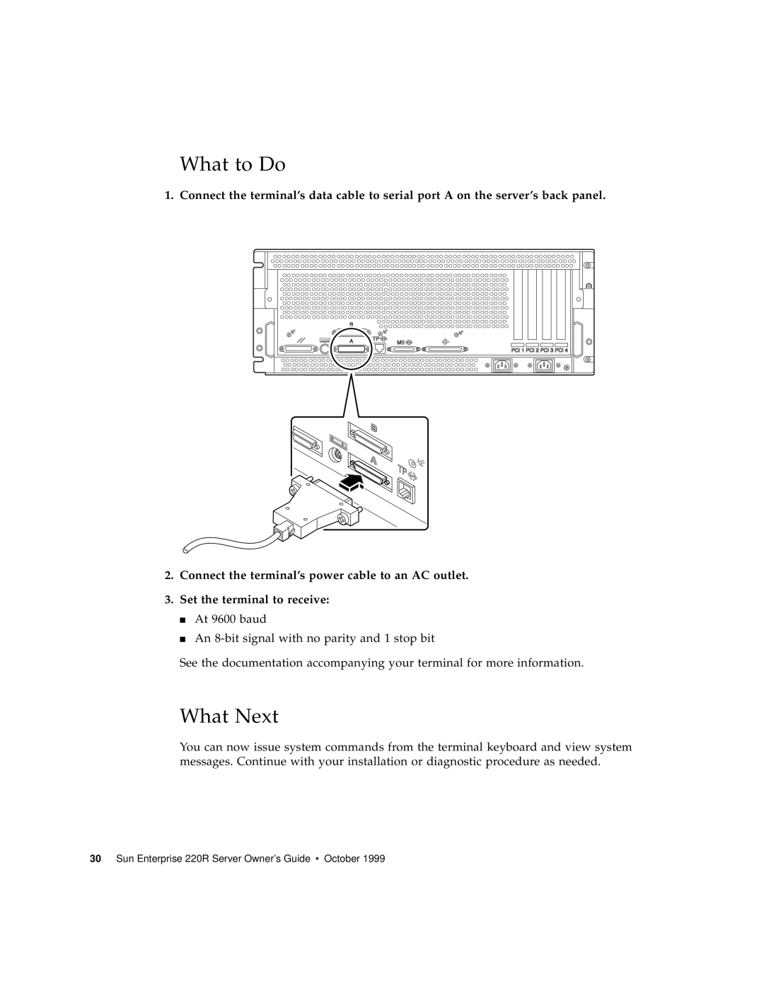 Sun Microsystems 220R manual Connect the terminal’s power cable to an AC outlet, Set the terminal to receive, What to Do 