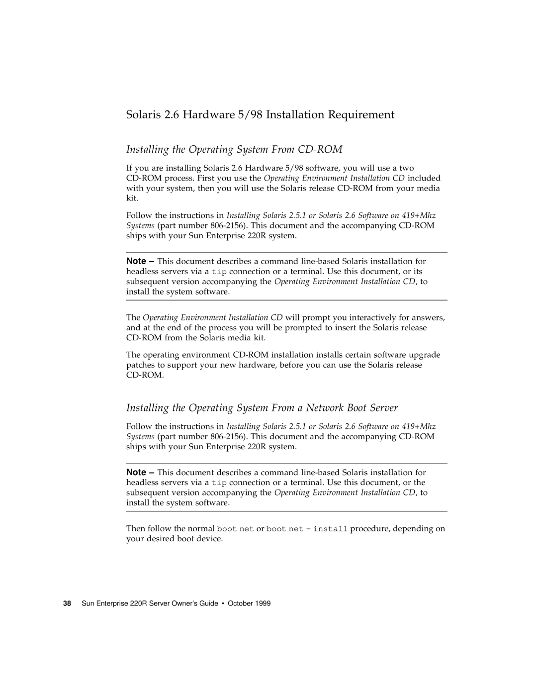 Sun Microsystems 220R Solaris 2.6 Hardware 5/98 Installation Requirement, Installing the Operating System From CD-ROM 