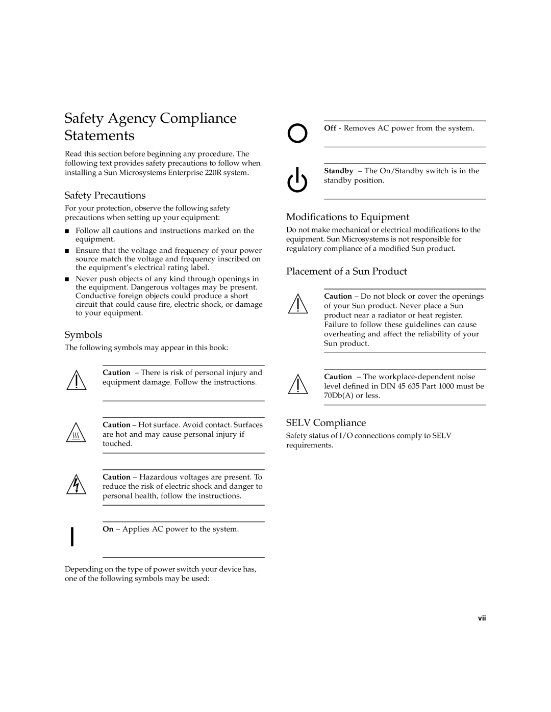 Sun Microsystems 220R manual Safety Agency Compliance Statements, Safety Precautions, Symbols, Modifications to Equipment 