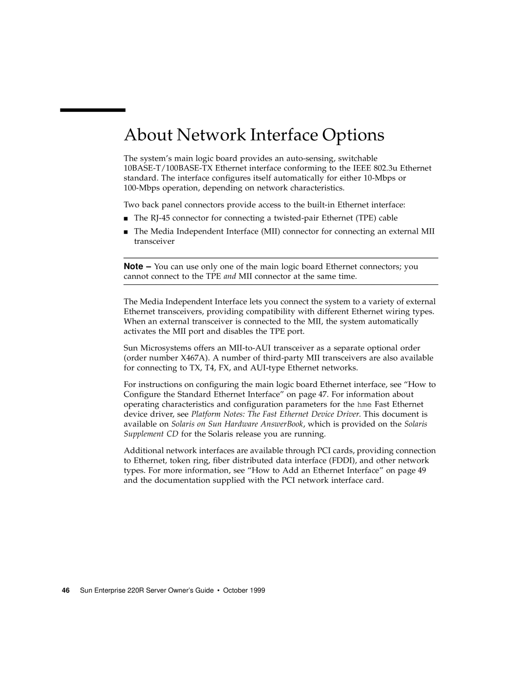 Sun Microsystems 220R manual About Network Interface Options 