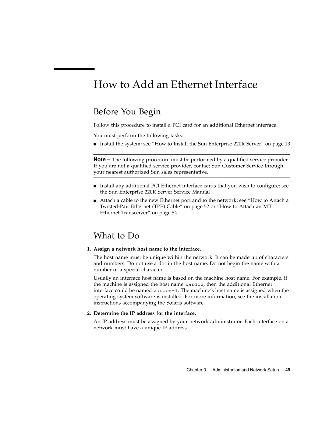 Sun Microsystems 220R How to Add an Ethernet Interface, Assign a network host name to the interface, Before You Begin 