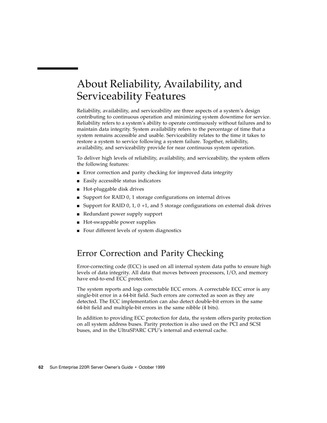 Sun Microsystems 220R About Reliability, Availability, and Serviceability Features, Error Correction and Parity Checking 