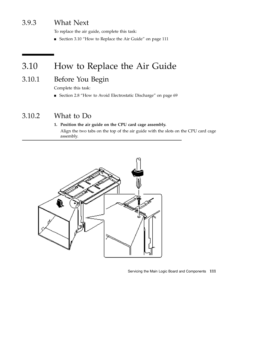 Sun Microsystems 220R service manual How to Replace the Air Guide, Position the air guide on the CPU card cage assembly 