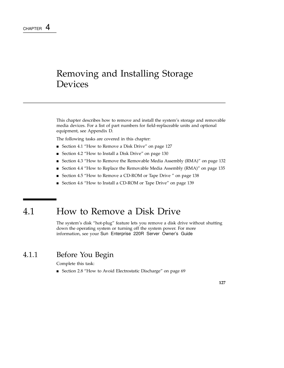 Sun Microsystems 220R service manual Removing and Installing Storage Devices, How to Remove a Disk Drive, 127 