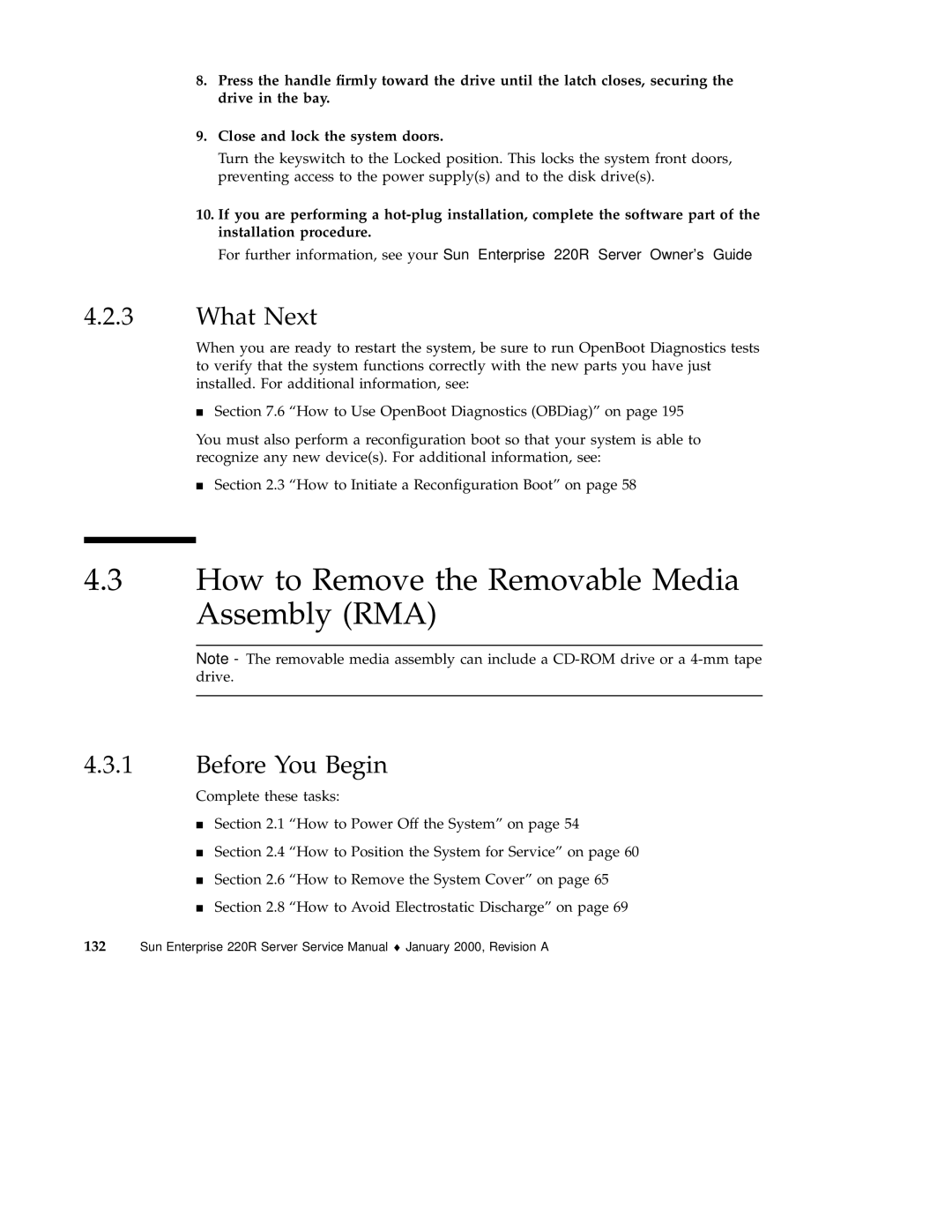 Sun Microsystems 220R service manual How to Remove the Removable Media Assembly RMA, What Next 